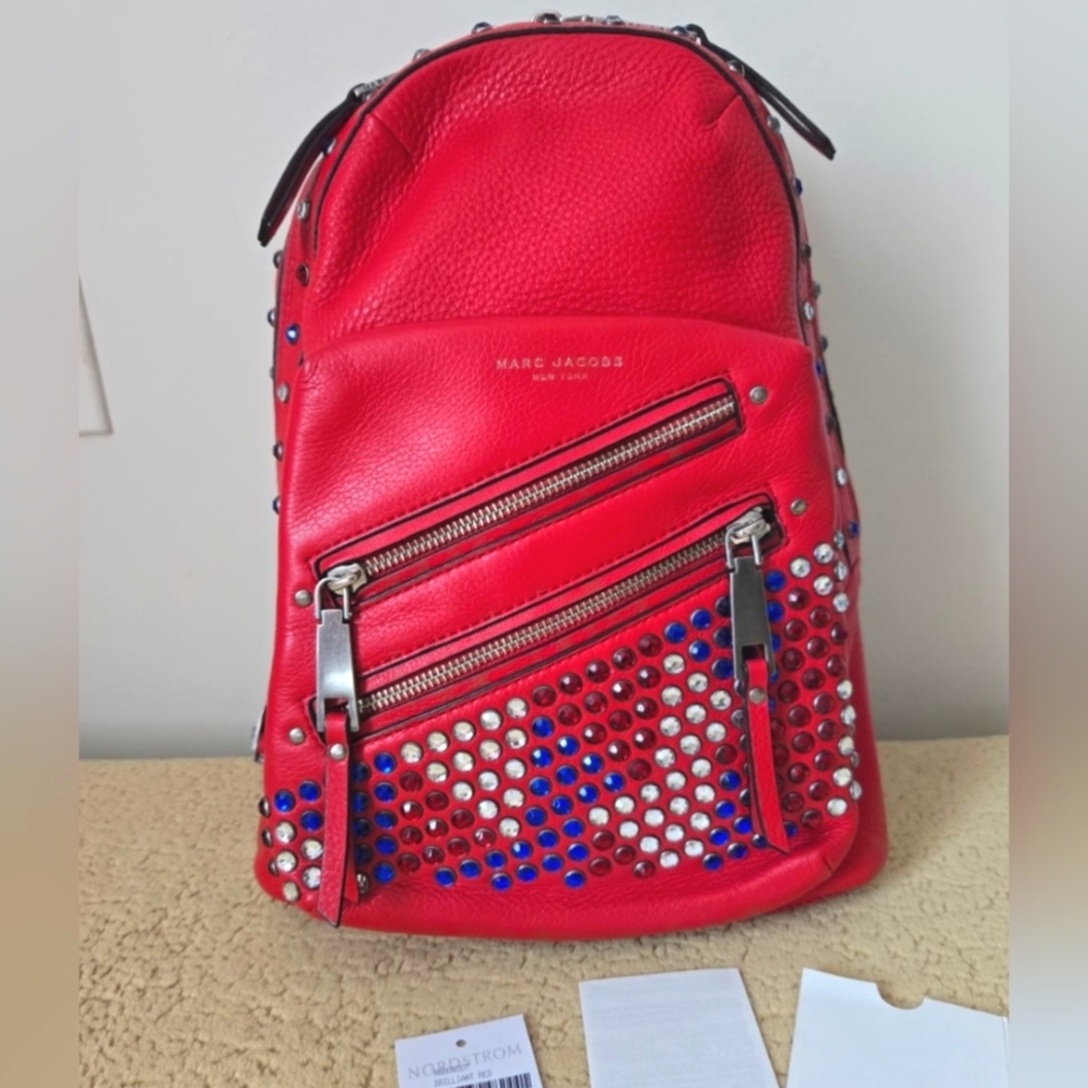 Marc Jacobs Red Leather Backpack with Studded Crystals